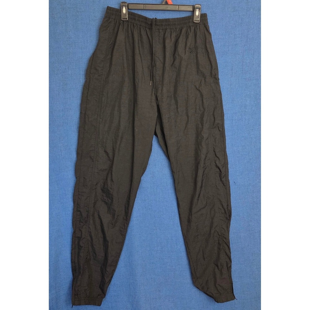 Vintage 90s Reebok Nylon Track Pants Mens L‎ Black Unlined Shell Ankle Zip Y2K